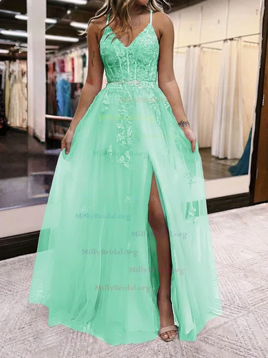 Ball Gown/Princess V-neck Tulle Glitter Floor-length Prom