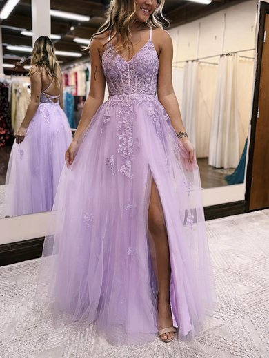 Ball Gown/Princess V-neck Tulle Glitter Floor-length Prom Dresses With Appliques Lace S020115913