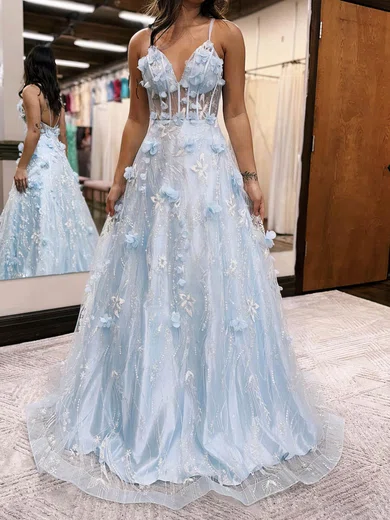 Ball Gown/Princess V-neck Tulle Sweep Train Prom Dresses With Flower(s) S020115914