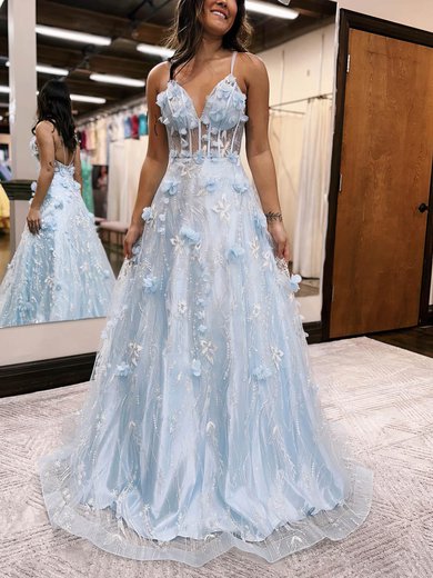 Ball Gown/Princess V-neck Tulle Sweep Train Prom Dresses With Flower(s) #Milly020115914