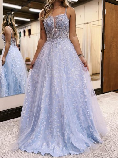 Square Neckline Tulle Floor-length Appliques Lace Prom Dresses #Milly020115917