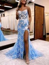 Sheath/Column Scoop Neck Tulle Glitter Sweep Train Prom Dresses With Appliques Lace S020115918
