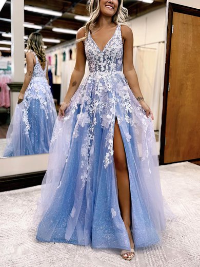 Ball Gown/Princess Sweep Train V-neck Tulle Glitter Appliques Lace Prom Dresses #Milly020115919