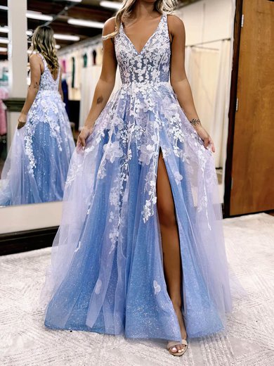 Ball Gown/Princess Sweep Train V-neck Tulle Glitter Appliques Lace Prom Dresses #Milly020115919