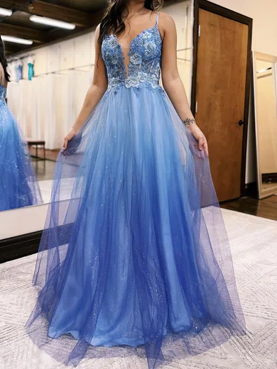 Ball Gown V-neck Tulle Prom Dresses With Appliques #Milly020115921