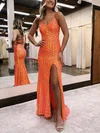 Sheath/Column V-neck Sequined Sweep Train Prom Dresses With Split Front S020115923