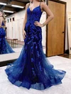 Trumpet/Mermaid Sweep Train V-neck Tulle Glitter Appliques Lace Prom Dresses #Milly020115924