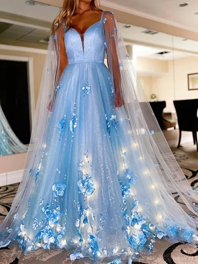 Ball Gown V-neck Tulle 3D Floral Prom Dresses With Ruched #Milly020115926