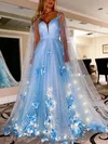 Ball Gown/Princess Sweep Train V-neck Tulle Glitter Flower(s) Prom Dresses #Milly020115926