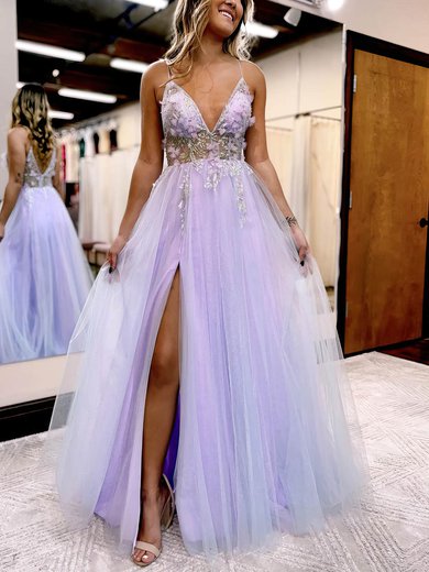 A-line V-neck Tulle Glitter Sweep Train Beading Prom Dresses #Milly020115937
