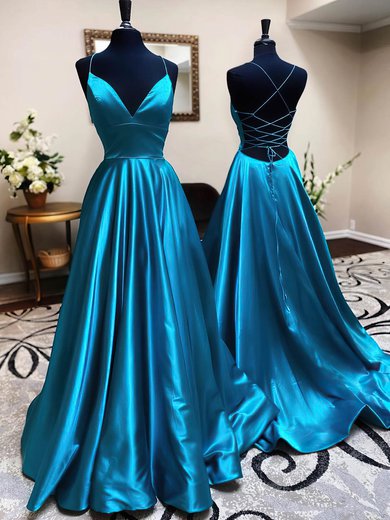 Ball Gown V-neck Satin Sweep Train Prom Dresses #Milly020115940