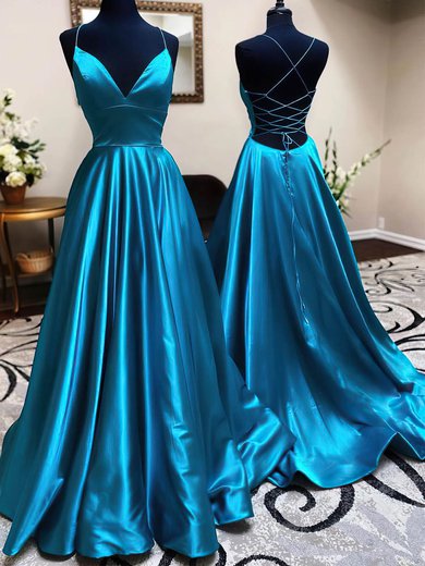 Ball Gown V-neck Satin Sweep Train Prom Dresses #Milly020115940