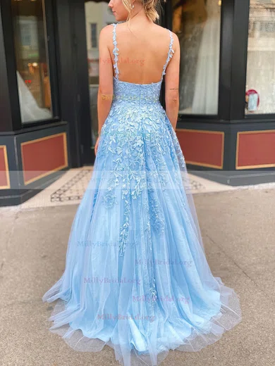 A-line V Neck Spaghetti Straps Sweep Train Tulle Prom Dress With Appliqued  Split Glitter