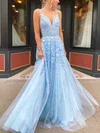Ball Gown/Princess Sweep Train V-neck Lace Tulle Appliques Lace Prom Dresses #Milly020115941