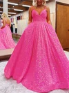 Ball Gown/Princess V-neck Sequined Sweep Train Prom Dresses With Pockets S020115943