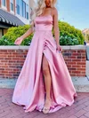 A-line Square Neckline Silk-like Satin Sweep Train Split Front Prom Dresses #Milly020115944