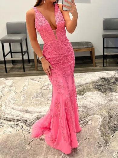 Mermaid V-neck Backless Tulle Prom Dresses With Appliques #Milly020115946