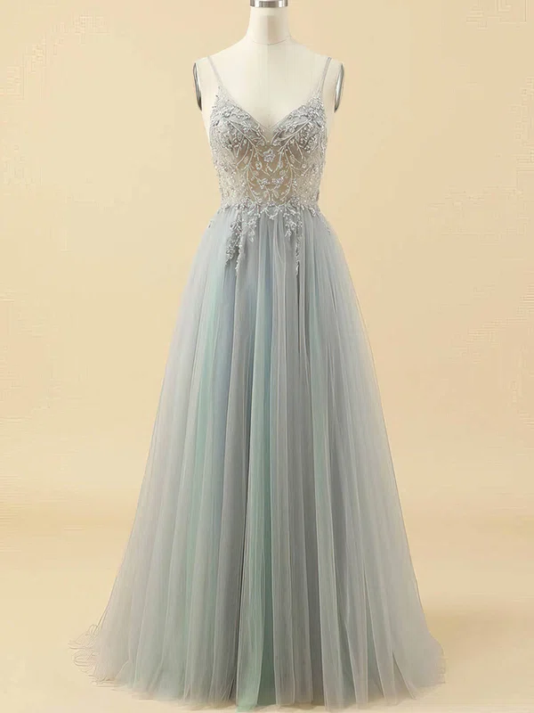 Ball Gown V-neck Tulle Floor-length Beading Prom Dresses #Milly020115947