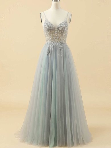 Ball Gown V-neck Tulle Floor-length Beading Prom Dresses #Milly020115947