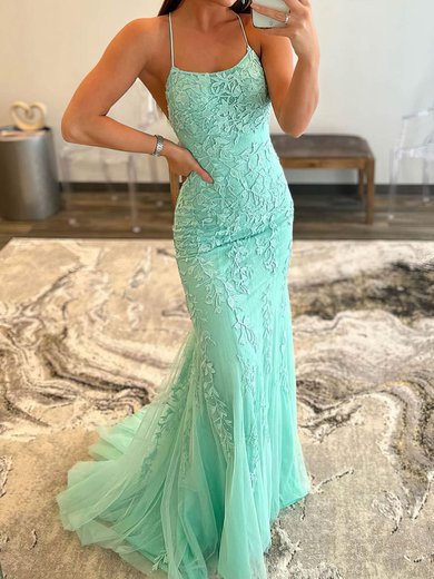 Trumpet/Mermaid Scoop Neck Tulle Sweep Train Prom Dresses With Appliques Lace S020115952