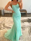 Trumpet/Mermaid Scoop Neck Tulle Sweep Train Prom Dresses With Appliques Lace S020115952