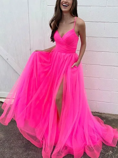 Ball Gown V-neck Tulle Sweep Train Pockets Prom Dresses #Milly020115954