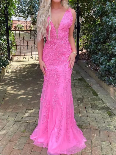 Sheath/Column V-neck Tulle Sweep Train Prom Dresses With Appliques Lace S020115955