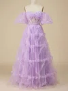 A-line Off-the-shoulder Tulle Floor-length Prom Dresses With Tiered #Milly020115957