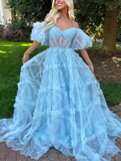 Ball Gown/Princess Off-the-shoulder Tulle Sweep Train Prom Dresses With Tiered #Milly020115958