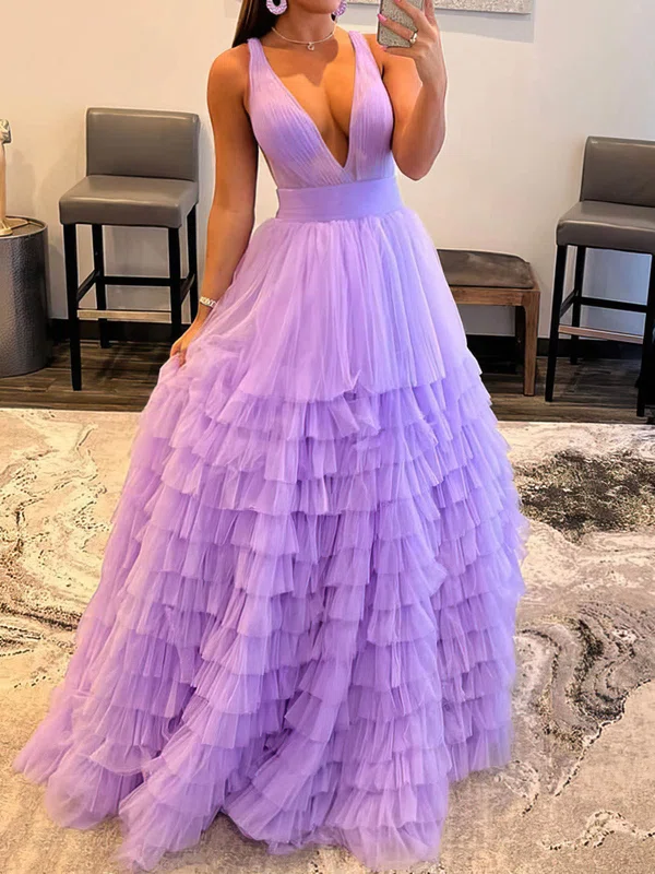 Ball Gown V-neck Tulle Ruffle Tiered Prom Dresses #Milly020115959