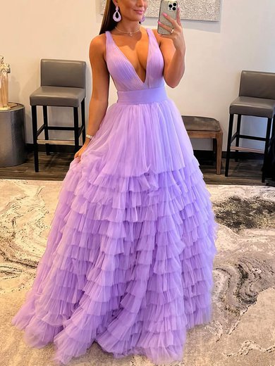 Ball Gown/Princess Floor-length V-neck Tulle Tiered Prom Dresses #Milly020115959