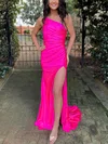 Sheath/Column One Shoulder Silk-like Satin Sweep Train Prom Dresses With Split Front #Milly020115962