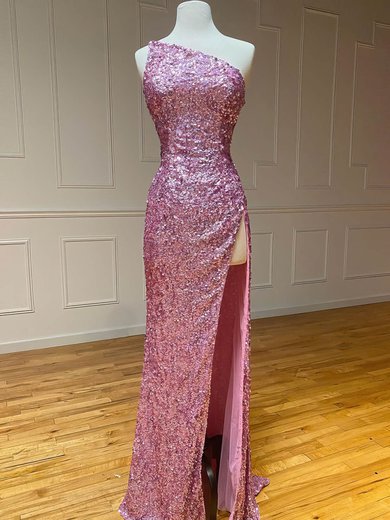 Sheath/Column One Shoulder Sequined Sweep Train Split Front Prom Dresses #Milly020115964