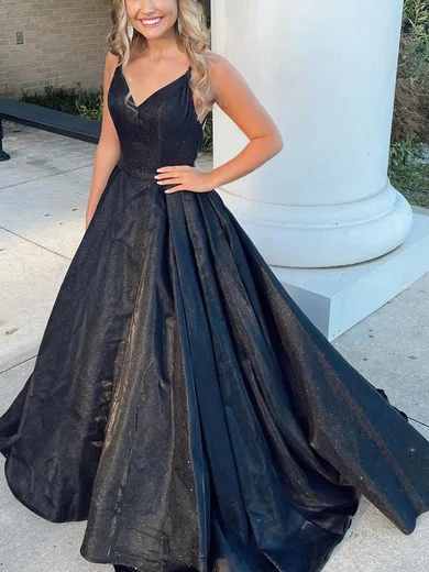 Black Ball Gown V-neck Glitter Prom Dresses #Milly020115968