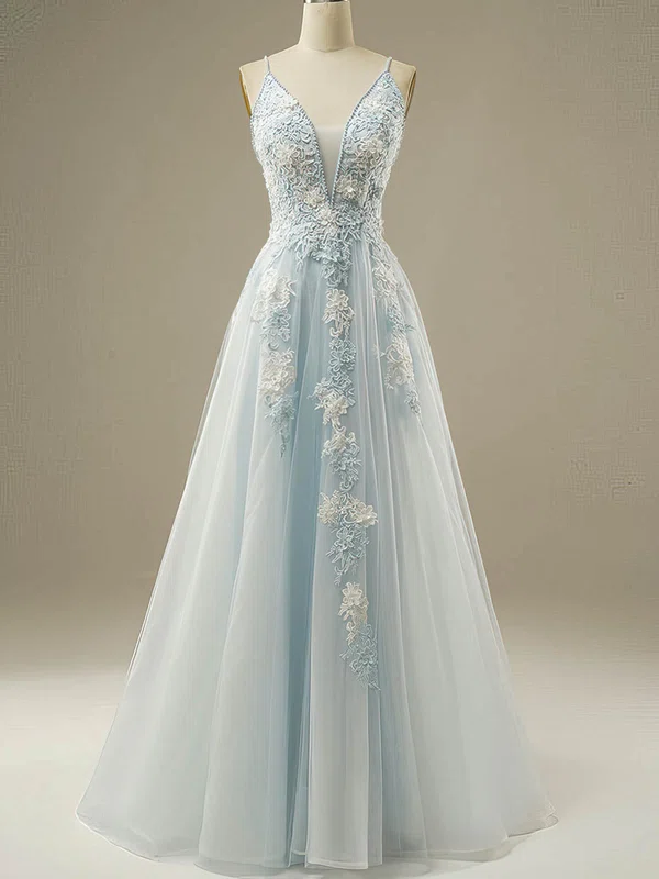 A-line V-neck Tulle Sweep Train Appliques Lace Prom Dresses #Milly020115970