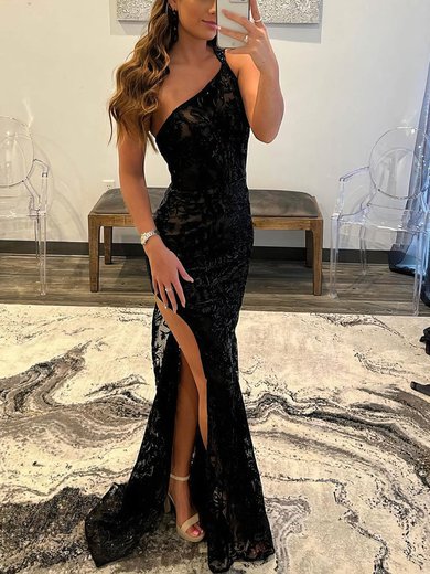 Sheath/Column One Shoulder Lace Floor-length Prom Dresses With Beading S020115978