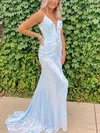 Trumpet/Mermaid V-neck Sequined Sweep Train Flower(s) Prom Dresses #Milly020115989