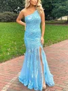 Trumpet/Mermaid One Shoulder Sequined Sweep Train Appliques Lace Prom Dresses #Milly020115990