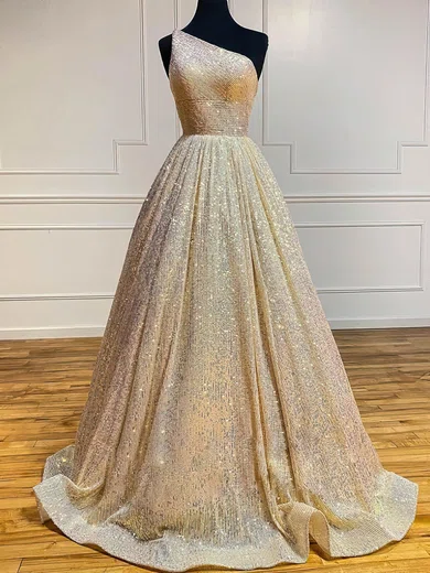 Ball Gown One Shoulder Sparkly Sequin Prom Dresses #Milly020115993