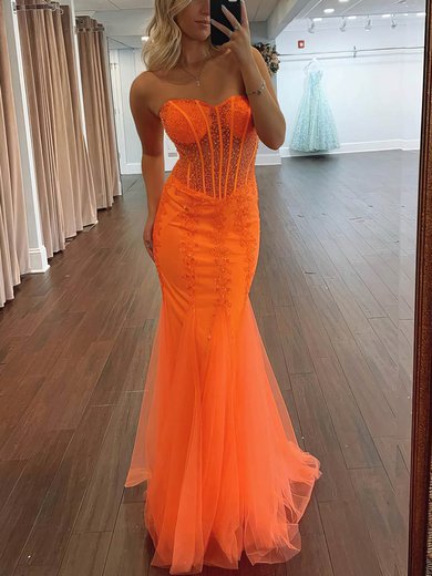 Trumpet/Mermaid Sweetheart Tulle Floor-length Appliques Lace Prom Dresses #Milly020115995