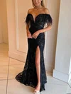 Sheath/Column Off-the-shoulder Sequined Sweep Train Prom Dresses With Feathers / Fur #Milly020115996