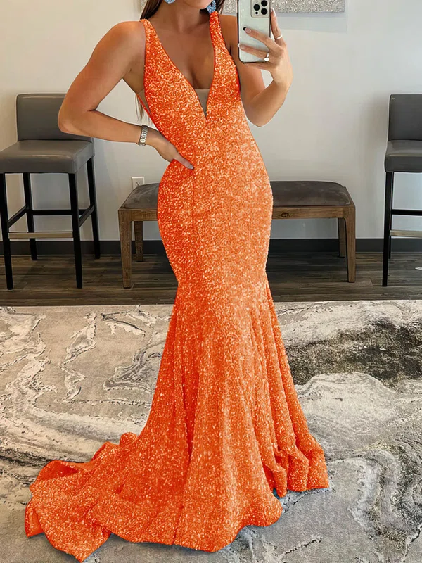 Mermaid V-neck Sparkly Velvet Sequin Backless Prom Dresses #Milly020115998