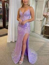 Trumpet/Mermaid V-neck Sequined Sweep Train Split Front Prom Dresses #Milly020116001