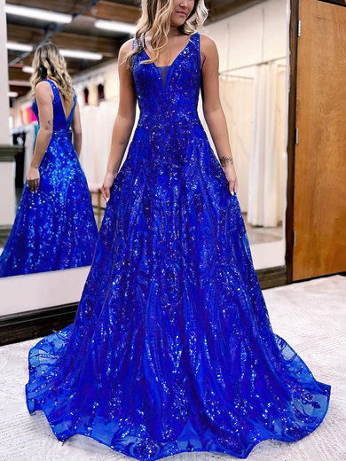 Ball Gown V-neck Glitter Sweep Train Prom Dresses #Milly020116004