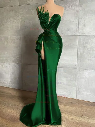 Tulle Sheath Column Beading Mint Green Prom Dress With Slit Tulle Sheath Column Beading Mint Green Prom Dress With Slit