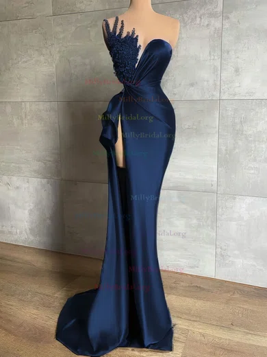 Sheath Column Satin Beading Silver Prom Dress With Slit Sheath Column Satin Beading Silver Prom Dress With Slit