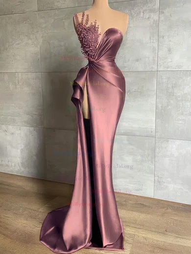 Sheath Column Satin Beading Silver Prom Dress With Slit Sheath Column Satin Beading Silver Prom Dress With Slit