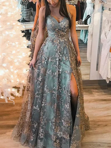 Ball Gown V-neck Lace Prom Dresses With Split #Milly020116016