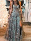 A-line V-neck Lace Sweep Train Split Front Prom Dresses #Milly020116016