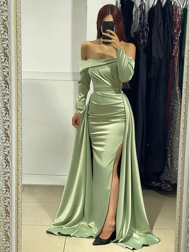 Sheath/Column Off-the-shoulder Satin Watteau Train Split Front Prom Dresses #Milly020116018